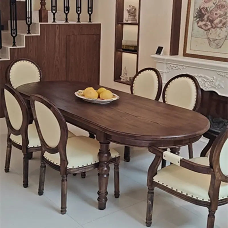 Retro French American Style Solid Wood Dining Set, Antique Walnut Oval Dining Table with Tufted Linen Chairs for Living Room