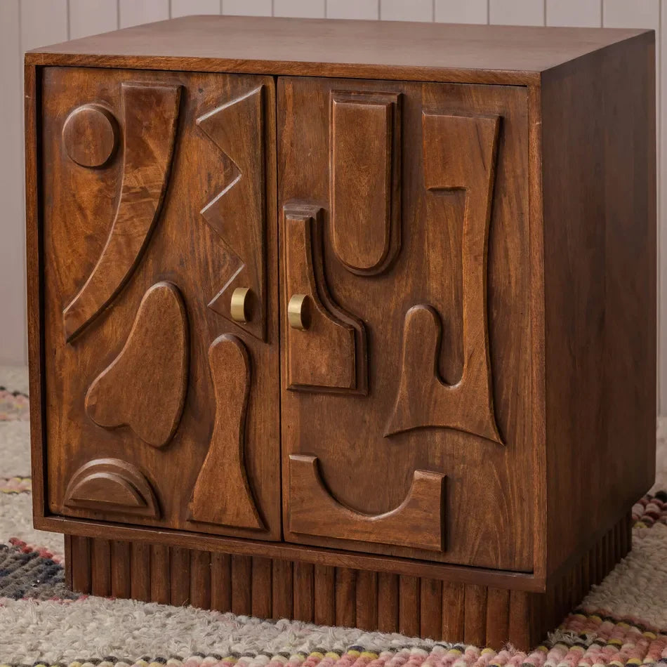 Abstract Hand Carved Solid Wood Nightstand Geometric Relief Wooden Bedside Cabinet with Brass Knobs