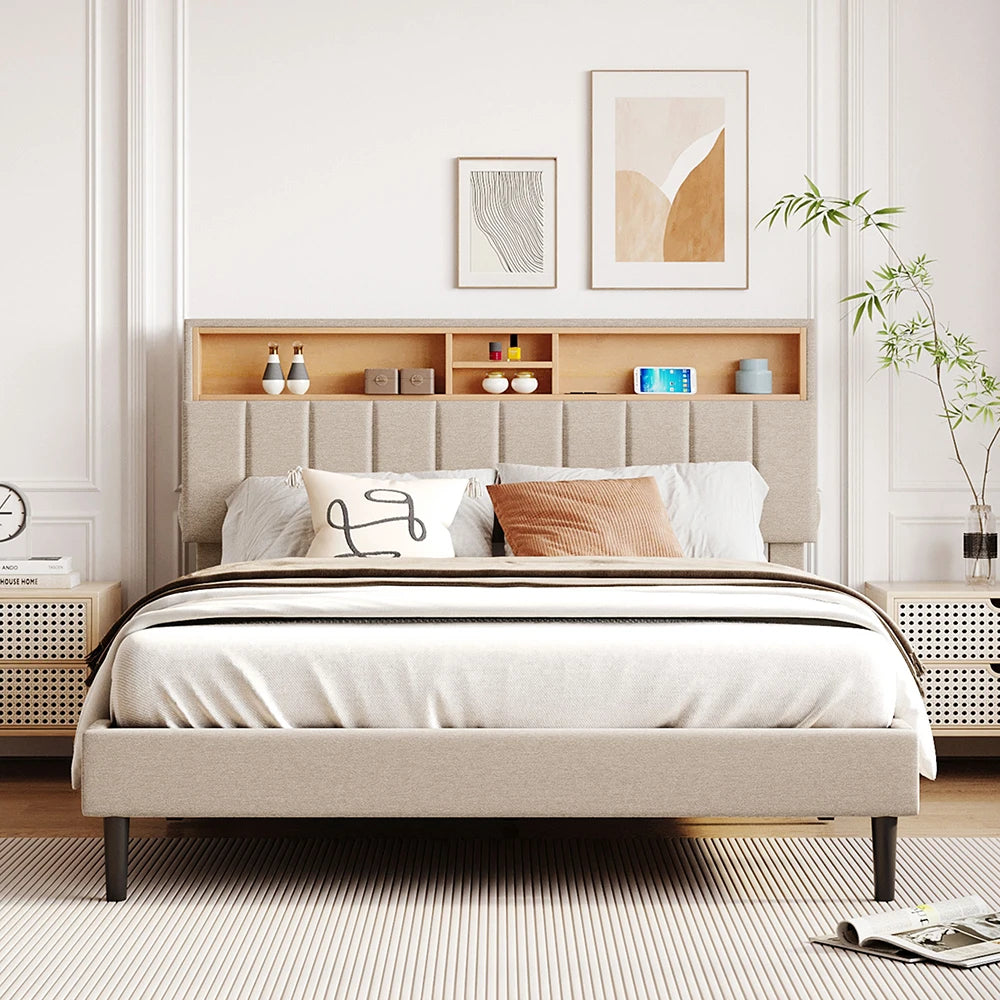 Queen Size Linen Fabric Upholstered Platform Bed with Storage Headboard and USB Port Wood Bedroom Furniture