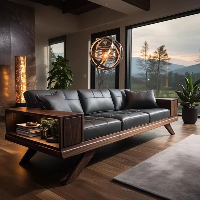 High-End Walnut Three-Seater Sectional Sofa Middle-Aged New Design for Small Apartment Living Room Solid Wood Leather Sectional