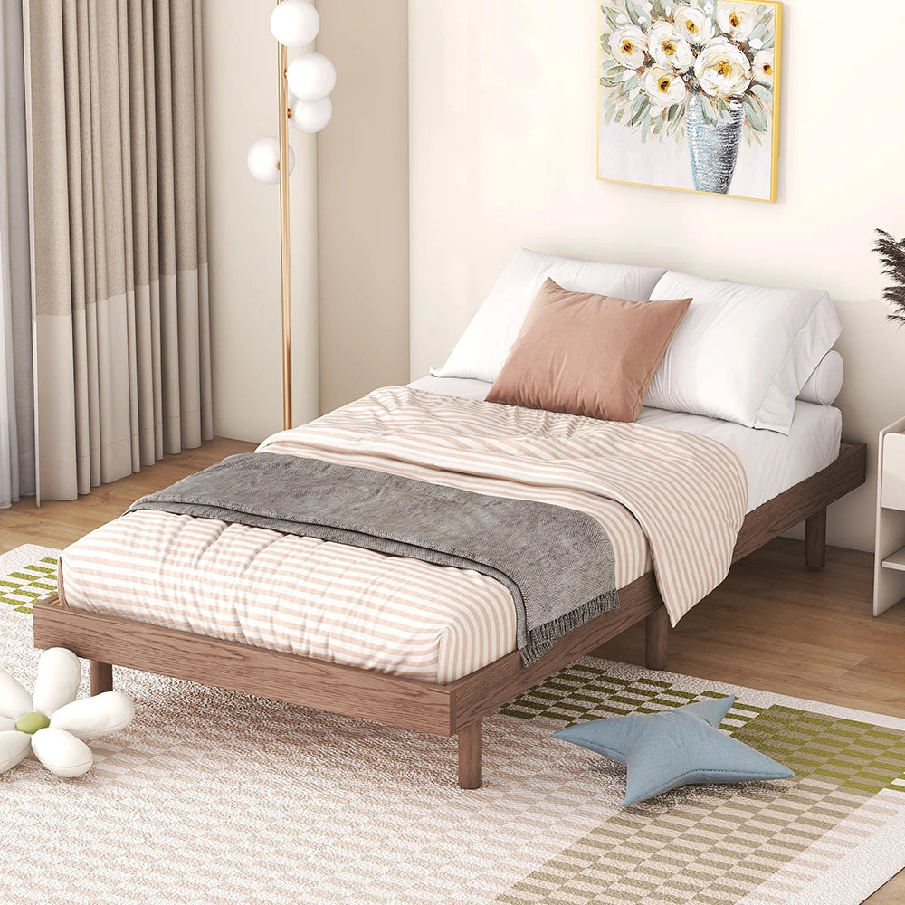 MAXKY Modern Light Luxury Size Adjustable Height Floating Platform Bed Frame Walnut Color Home Furniture