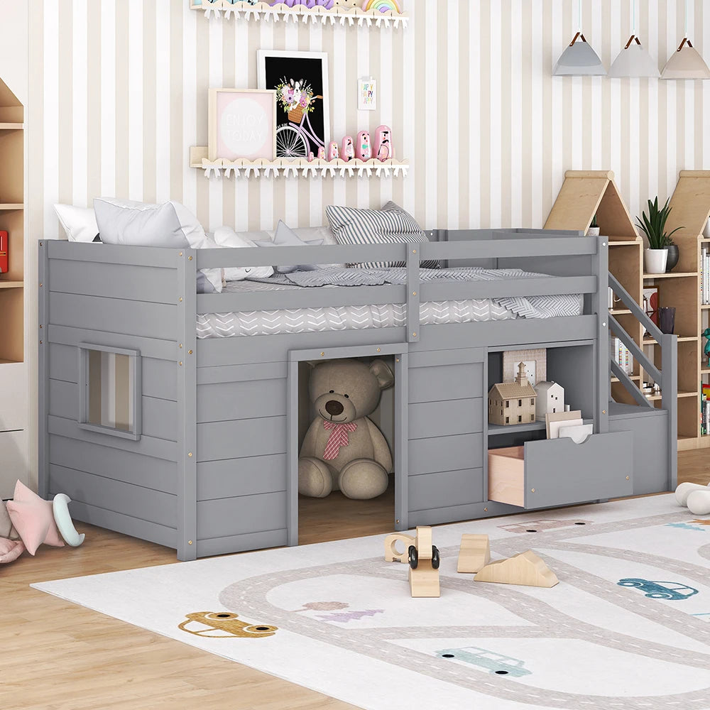 TWIN BED, SOLID WOOD TWIN SIZE LOW LOFT BED WITH STAIR, DRAWER, and SHELF of GREY COLOR