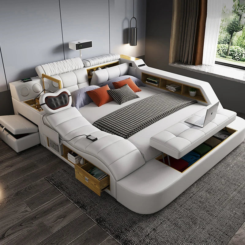 Multifunctional Tatami Bed Master Bedroom Modern Minimalist Massage Leather Double Bed 1.8m Smart Projector Wedding Bed