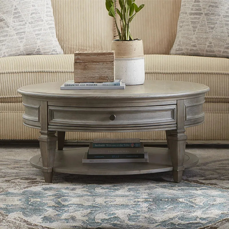 American-style Rustic Solid Wood Round Coffee Table with Rounded Corners and Storage Oak Top Living Room Furniture