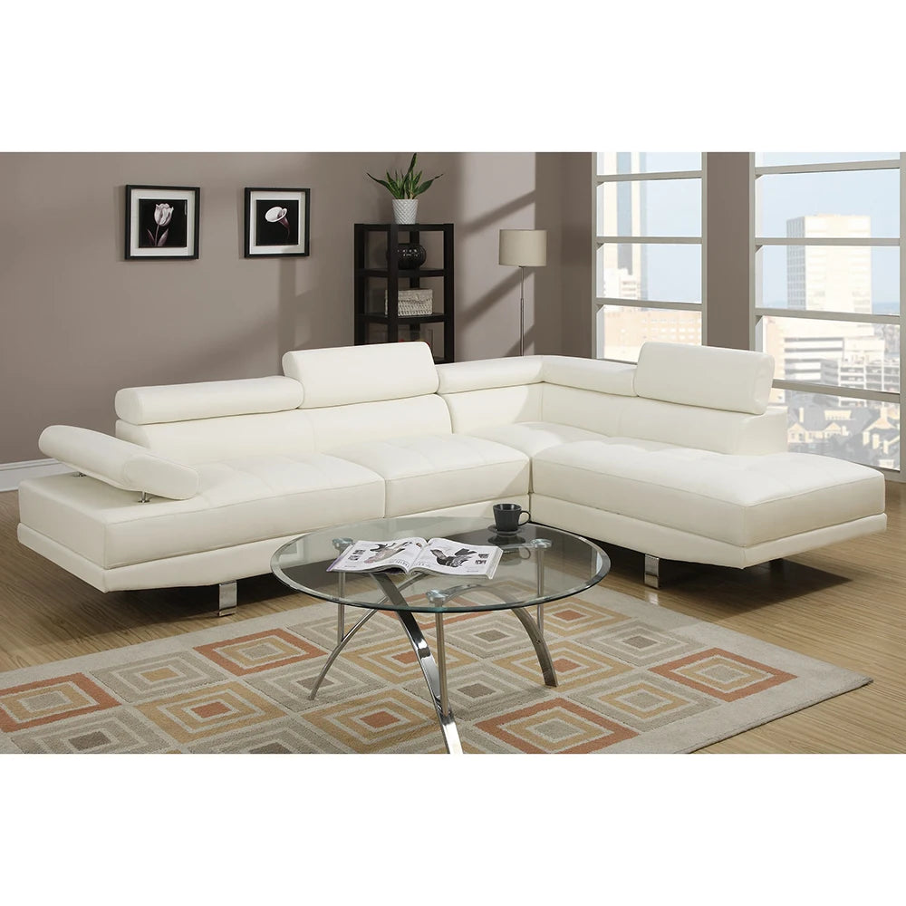 White Faux Leather Adjustable Headrest Sectional Living Room Furniture Right Left Facing French Chaise Sofa