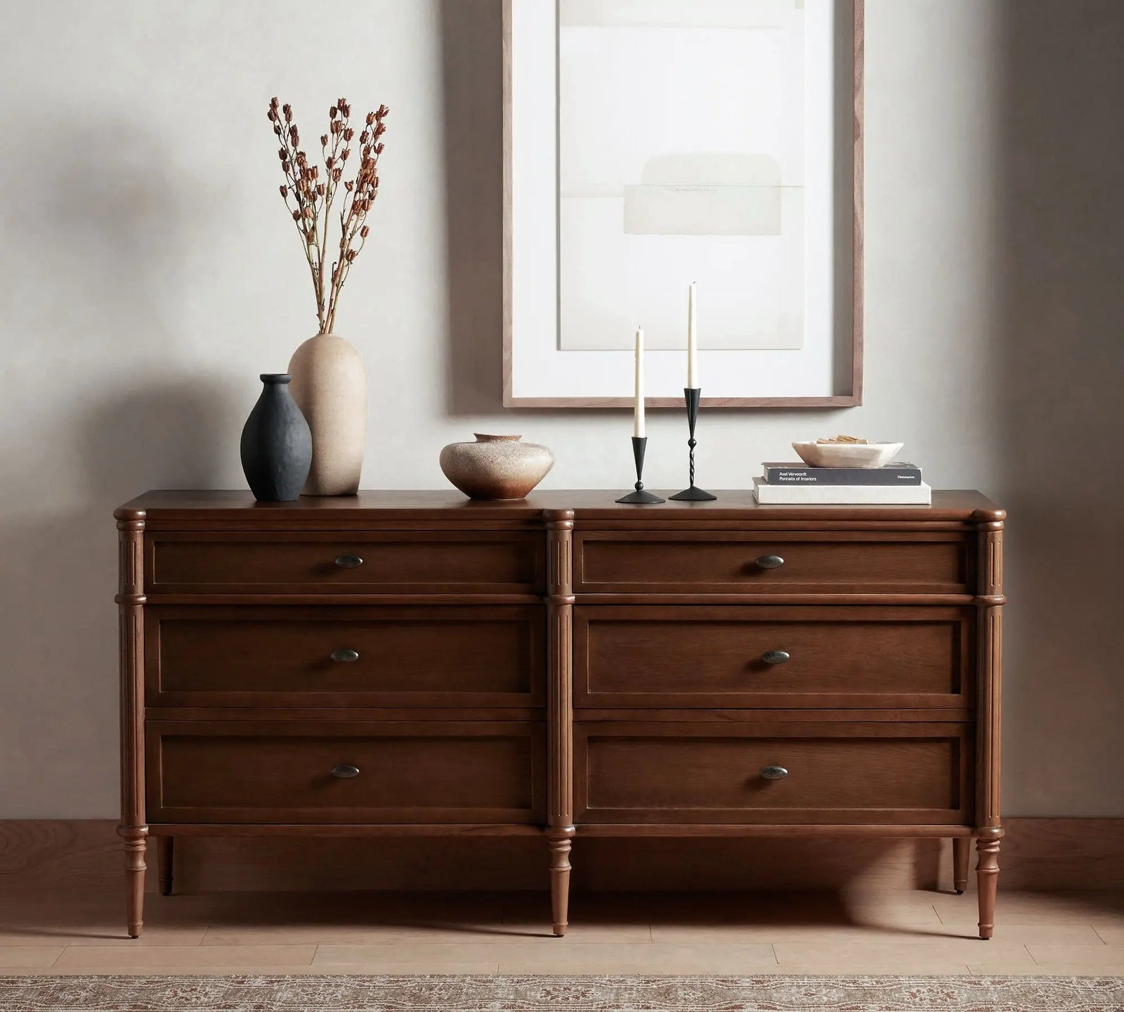 Solid Oak 6-Drawer Dresser French Style Black Bedroom Furniture with Storage Features