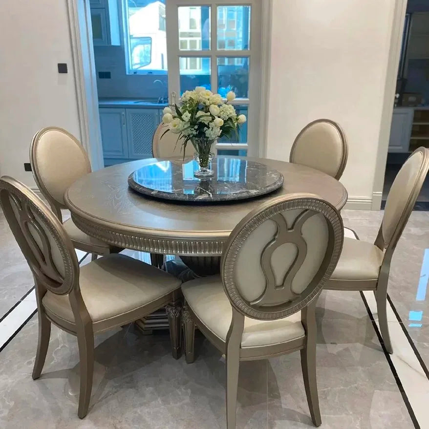 American-style Luxury All-solid Wood Dining Table and Chairs Set, French Carved Round Marble Table