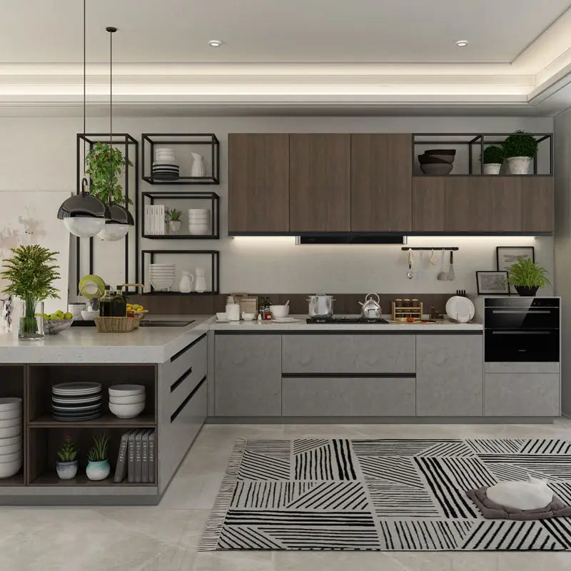 Overall Cabinet Quartz Stone Countertops Open Industrial Economical Kitchen Cabinets Panel